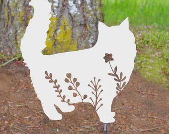 Fluffy Cat Metal Garden Decor, Floral Cat Garden Stake, Long Hair Cat Yard Art, Cat Lover Gift