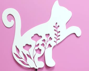 Decoración floral para jardín con forma de gato, escultura decorativa para gato, decoración floral para gato, estaca para jardín con diseño rústico de gato, regalo para gato, decoración minimalista para jardín
