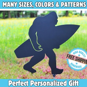Bigfoot Surfer  Bigfoot Surfing   Sasquatch Garden Stakes  Bigfoot Yard Stakes  Metal Sasquatch  Custom Surfing | Bigfoot Yard Art
