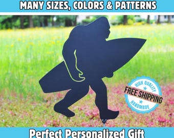 Bigfoot Surfer  Bigfoot Surfing   Sasquatch Garden Stakes  Bigfoot Yard Stakes  Metal Sasquatch  Custom Surfing | Bigfoot Yard Art