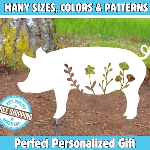 Floral Pig Metal Garden Art Cute Farmyard Decor Custom Metal Wall Hanging Flower Cutout Pig Stake FFA or 4H Signs Personalizable Gift Ideas