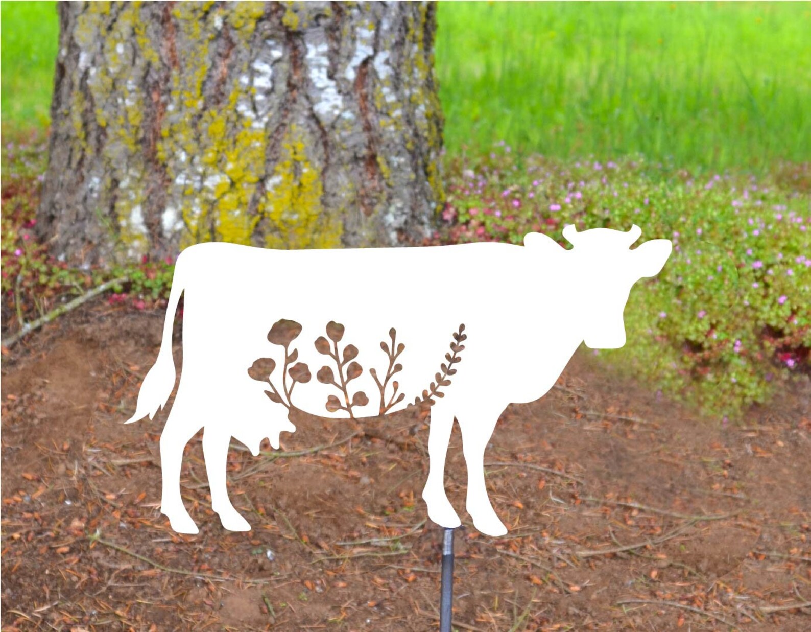 Metal Yard Art Floral Cow Garden Stake Decoration Garden Etsy