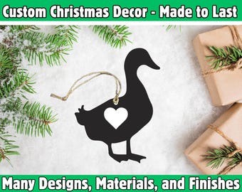 Duck with Heart Christmas Ornament Farmhouse Holiday Tree Decor Country Animal Gift Custom Metal Keepsake Handmade Rustic Farm Decor