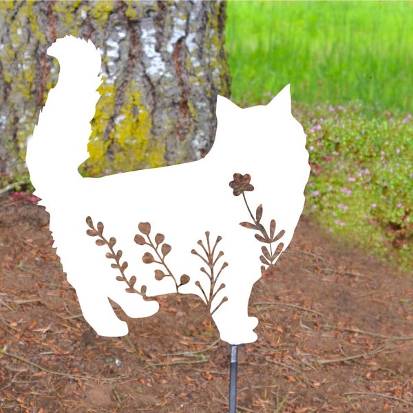 Metal Art Floral long Hair Cat Garden Stake Decoration, Garden, Yard Art, Hand Made, Spring Garden Decoration, Outdoor Garden Decor, Kitty