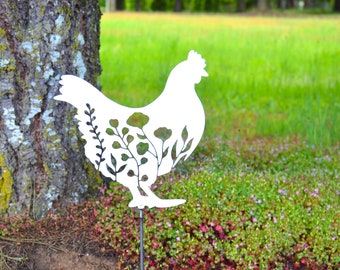 Metal Art Floral Garden Chicken Stake Decoration, Garden, Yard Art, Hand Made, Spring Garden Decoration, Outdoor Garden Decor