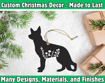 German Shepherd Floral Ornament Dog Lover Christmas Tree Decor Custom Pet Keepsake Holiday Gift Personalized Metal Ornament Handmade