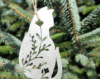 Cat Ornament, Cat lover, Metal Raw Steel Christmas Tree Decoration, Floral Garden decor,Gift For Him Her
