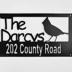 Custom metal address sign with bird silhouette. Personalized house number and name plaque. Outdoor weatherproof home décor and gift.