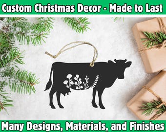Floral Cow Christmas Ornament Farmhouse Holiday Tree Decor Country Animal Gift Custom Metal Keepsake Rustic Farm Decor Handmade