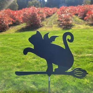 Kitty with Bat Wings Metal Halloween Decor Spooky Yard Art Metal Hanging Sign Winged Cat on Broom Witchy Cat Decor Customizable Gift Idea