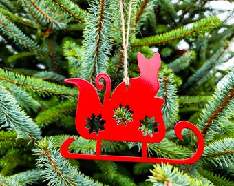 Cat in Santa's Sleigh Ornament Handmade Gift Idea Christmas Tradition Ideas Red Kitty Santa Sleigh Personalizable Gift or Decor