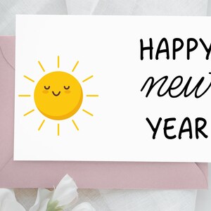 Cartões personalizados de feliz ano novo ensolarado para família e melhores amigos, download ilimitado de cartão personalizado para impressão, nota de agradecimento