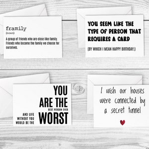 Lot von 4 Karten - Printable Happy Birthday Karte, Dankeskarte, Karte für Freund Familie, besonderer Freund, Karte für Bestie