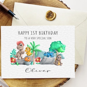 Cartão de aniversário fofo e personalizado de dinossauro para filho, filha e neto, convite personalizado para festa de aniversário, cartão personalizado com idade e nome