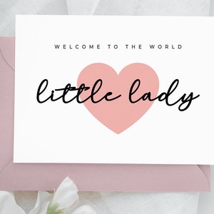 Carte imprimable de nouvelle fille de bébé, carte de nouveau bébé de petite dame, carte mignonne de bébé de coeur rose, carte pour le nouveau-né, cadeau de félicitations de nouveaux parents