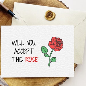 Imprimible personalizado ¿Aceptará esta tarjeta de felicitación romántica linda rosa, tarjeta de fanático de la televisión Reality TV, tarjeta de Navidad de San Valentín para ella?