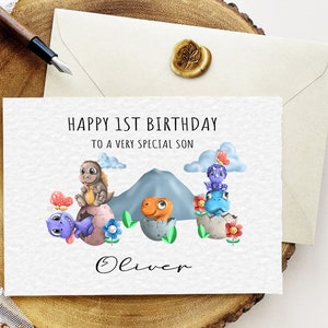 Personalisierte alles Gute zum Geburtstag Dinosaurier für Ihre Sohn Tochter digitale Karte, süße druckbare Invite First Birthday, unbegrenzter Download