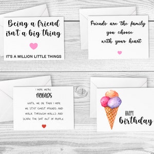 Lot van 4 kaarten - Afdrukbare Happy Birthday, dank je vriend, kaart voor bestie, grappige verjaardag, Vrienden als familiekaart, BFF beste vriend