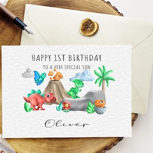 Tarjeta de cumpleaños de dinosaurio personalizada, cualquier edad/relación/nombre, niños/niñas/hijo/hija/nieto/nieta/sobrina/sobrino, 1º/2º/3º