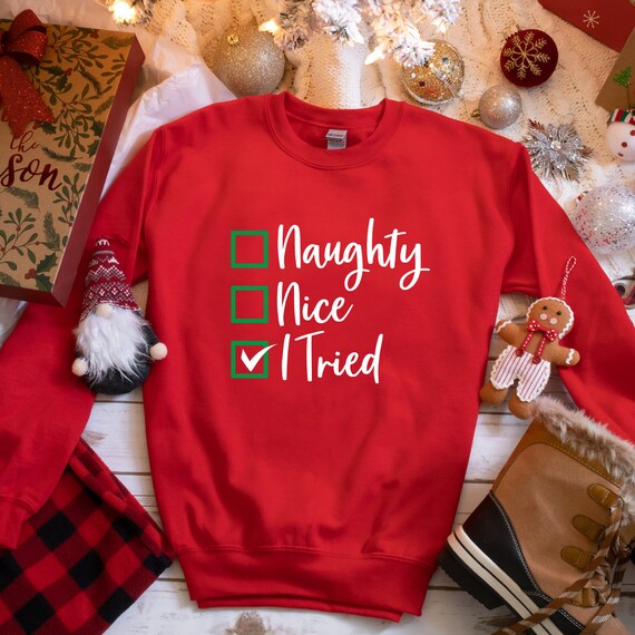 NewlyDesigns Naughty List Christmas Sweater, Nice List Sweatshirt, Naughty or Nice Funny Christmas Sweater Gift for Wife or Husband, Ugly Christmas