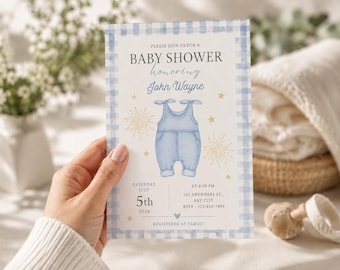 Blue Jean Baby Shower Invitation | Watercolor Denim Overalls, Gold Accents (Digital Download)