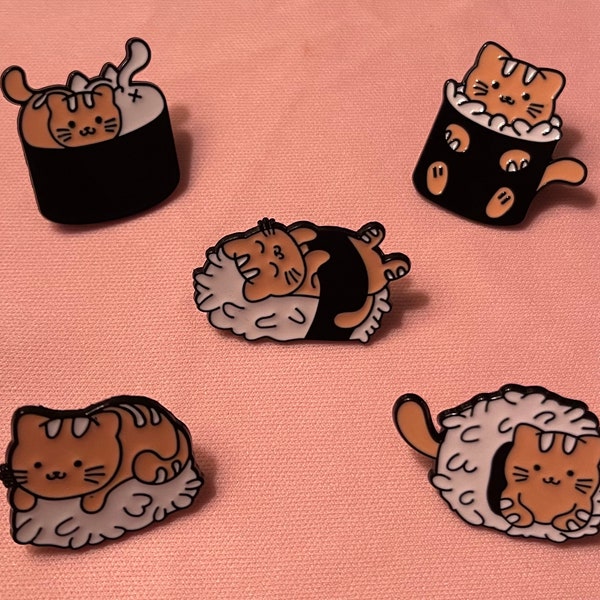 Set of 5 Sushi Cats Enamel Pins Cat Enamel Pins Enamel Pin for Backpacks Gift for Friends Unique Gifts Sushi Pin Cute Cat Pins Adorable Cats