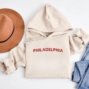 Embroidered Philadelphia Sweatshirt, Crewneck or Hoodie, Baseball Colors, Block Lettering