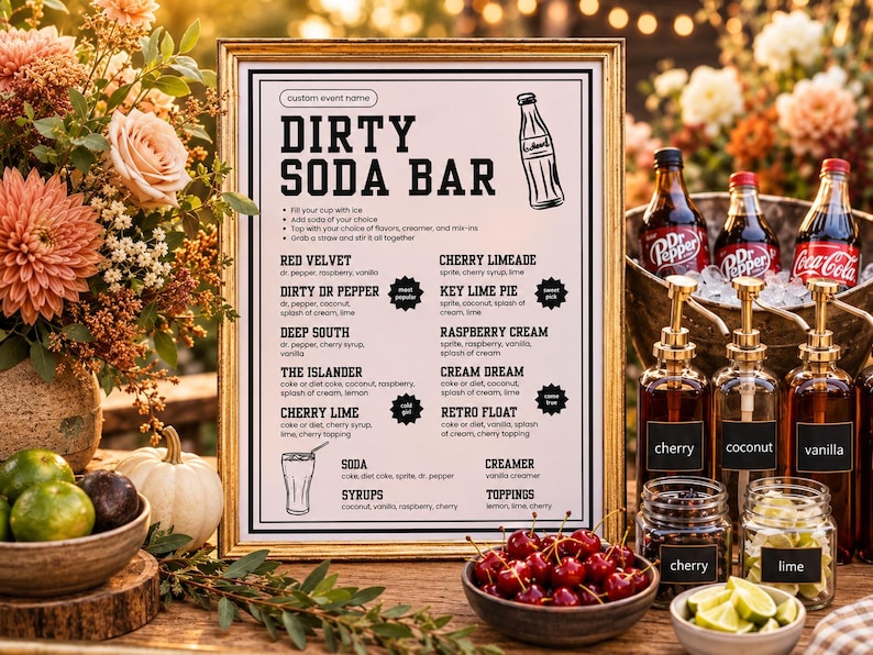 May include: A framed sign titled Dirty Soda Bar with a menu of drink recipes, including Red Velvet and Cherry Limeade. The sign features black text and line art illustrations of a soda bottle and glass on a white background with a gold frame.