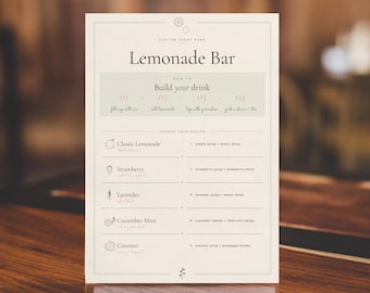 Lemonade Bar Menu Sign Template, Editable Canva, Summer Party Drink Station, Garden Party Printable