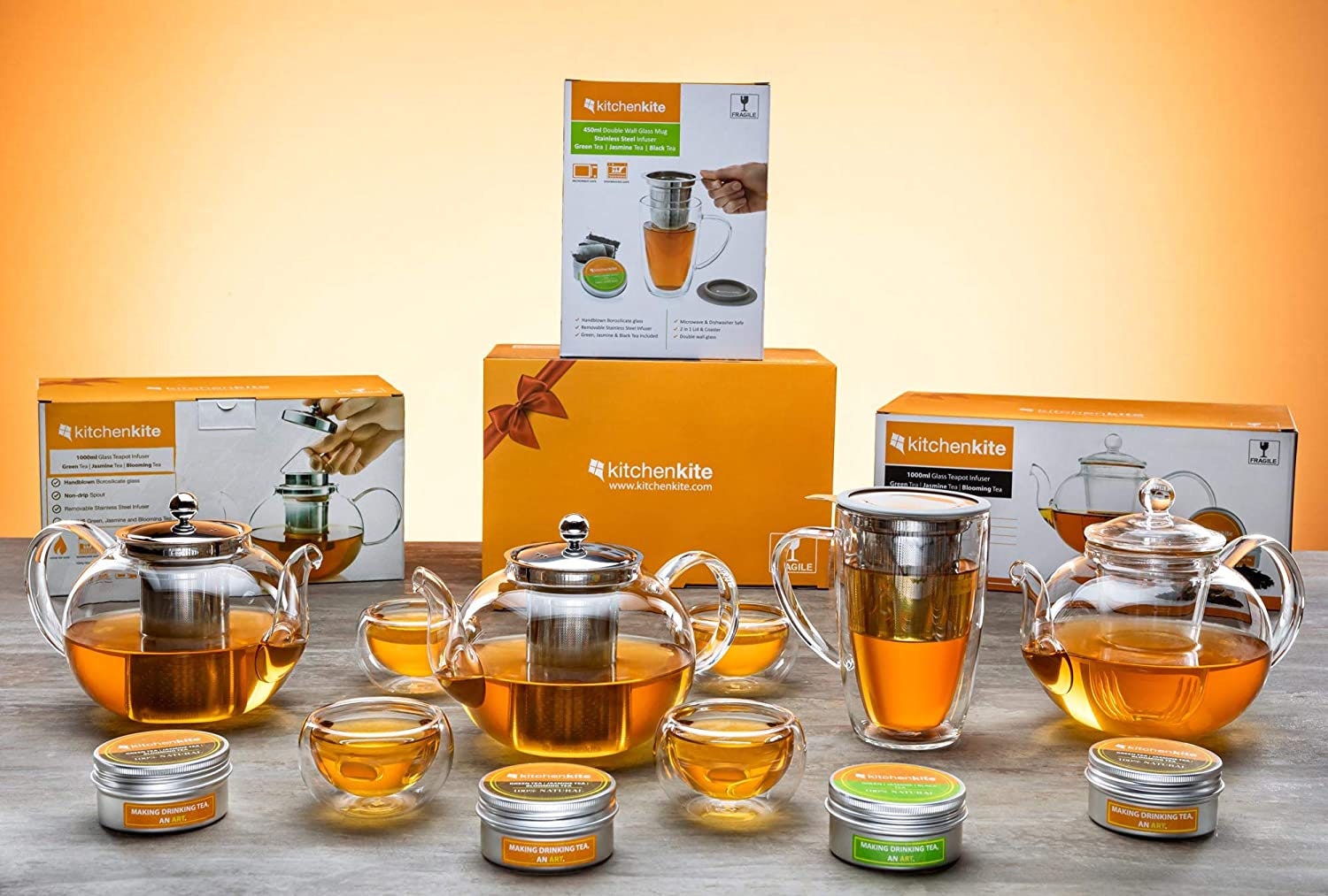 Tea Kettle Infuser Stovetop Gift Set - Glass Teapot with Removable  Stainless Steel Strainer, Microwave & Dishwasher Safe, Tea Pot with  Blooming, Loose Leaf Tea Sampler & 4 Double Wall Cups, Tea