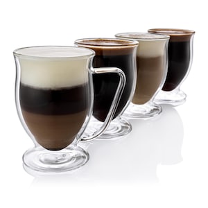 Double Wall Glass Coffee Mugs 11 oz - Clear Set of 4 - Dishwasher & Microwave Safe - Ideal as Tea Cups, for Latte, Cappuccino, Hot Beverages