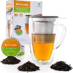 Glass Tea Mug & Cup with Infuser and Lid - Gift Set - 16oz Borosilicate Double Wall Brewing Tea Cup for Loose Leaf Tea with Steel Infuser