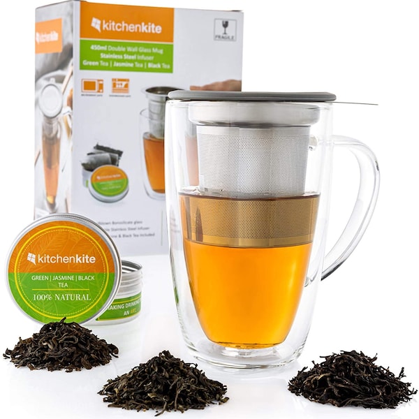Glass Tea Mug & Cup with Infuser and Lid - Gift Set - 16oz Borosilicate Double Wall Brewing Tea Cup for Loose Leaf Tea with Steel Infuser