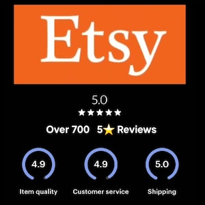 May include: Etsy logo in white text on an orange background. The text "Over 700 5 star Reviews" is displayed below the logo. A 5-star rating of 5.0 is shown with five gold stars. Three blue circles with white text show ratings for item quality, customer service, and shipping. The ratings are 4.9, 4.9, and 5.0 respectively.