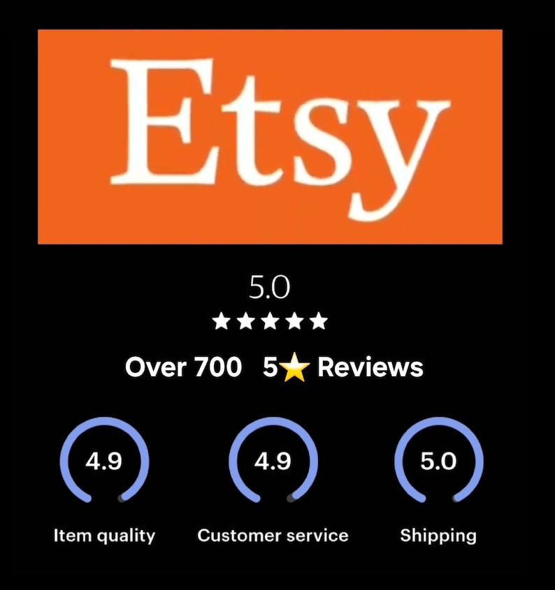May include: Etsy logo in white text on an orange background. The text "Over 700 5 star Reviews" is displayed below the logo. A 5-star rating of 5.0 is shown with five gold stars. Three blue circles with white text show ratings for item quality, customer service, and shipping. The ratings are 4.9, 4.9, and 5.0 respectively.