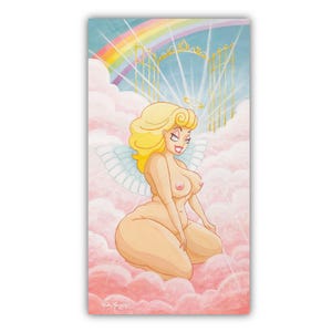 May include: A cartoon angel with blonde hair and a halo sits on pink clouds. The angel has wings and is nude. A rainbow and a golden gate are in the background.