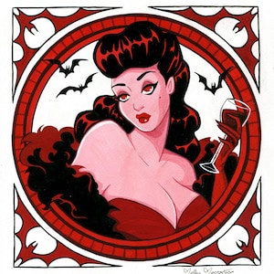 May include: A red-haired woman with a red dress and a glass of red wine in a red and black circular frame with bats flying around her. The frame is surrounded by a red and white geometric pattern.