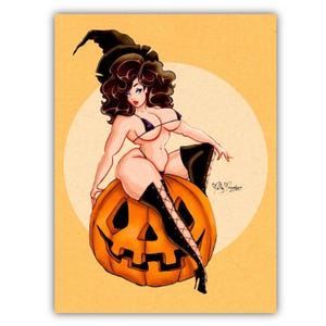 May include: A woman dressed as a witch sits on a carved pumpkin. She is wearing a black witch hat, a purple bikini, and black boots. The pumpkin is orange and has a carved face. The background is a light orange.