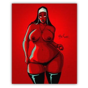 May include: A woman dressed as a nun with a red background. She is wearing a black and white outfit and has a cross necklace. Her hair is pulled back and she is looking directly at the viewer.