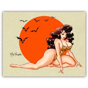May include: A woman in a leopard print swimsuit poses in front of a large orange sun with bats flying around it.