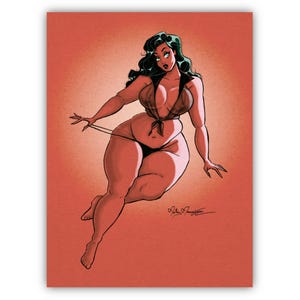Könnte beinhalten: Illustration einer kurvigen Figur im Pin-up-Stil. Die Figur ist in einem braunen Oberteil und schwarzem Unterteil mit dunkelgrünem Haar dargestellt. Das Kunstwerk ist vor einem rot-orangen Hintergrund platziert.