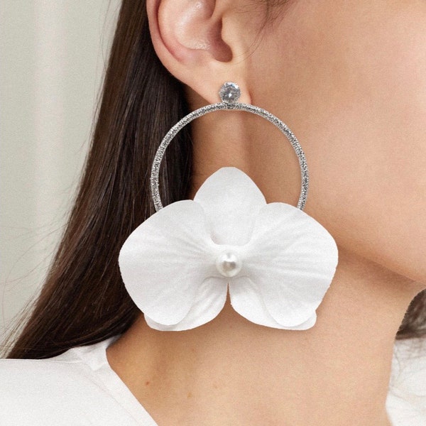 White Orchid Flower Hoop Earrings, Bridal Earrings, Big Flower Earrings, Orchid Earrings, Hoop Earrings, Floral Earrings, White Earrings