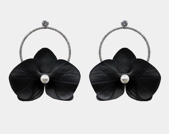 Black Orchid Flower Hoop Earrings, Statement Earrings, Big Flower Earrings, Orchid Earrings, Hoop Earrings, Floral Earrings, Orchid Earrings