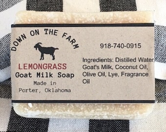 May include: A rectangular bar of lemongrass goat milk soap with a label that reads "Down on the Farm." The label also includes the phone number 918-740-0915 and the ingredients. The soap is made in Porter, Oklahoma.