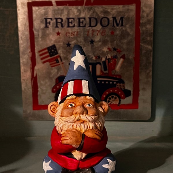 American Hand painted Professionally Painted Patriotic Summer Gnome Statue Red White Blue 4” figure number 101