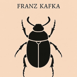 Może przedstawiać: Projekt okładki książki z tytułem "METAMORFOZA" i autorem "FRANZ KAFKA" w czarnym tekście. Czarna ilustracja chrząszcza jest wyśrodkowana pod tekstem na beżowym tle. Chrząszcz ma sześć nóg i zakrzywione czułki.