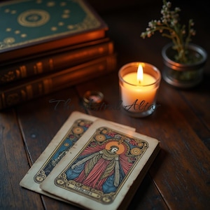 Puede incluir: Naturaleza muerta con cartas del tarot, libros apilados, una vela encendida en un vaso y una pequeña planta en maceta. Las cartas del tarot tienen ilustraciones coloridas. El texto "The Astral Altar" es visible.