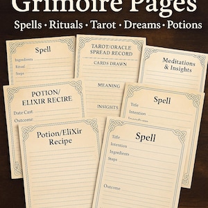 Pode incluir: Oito páginas de grimório imprimíveis com títulos para feitiços, rituais, tarô, sonhos e poções. As páginas incluem seções para ingredientes, rituais, etapas e resultados. O texto "8 Printable Grimoire Pages" está no topo.