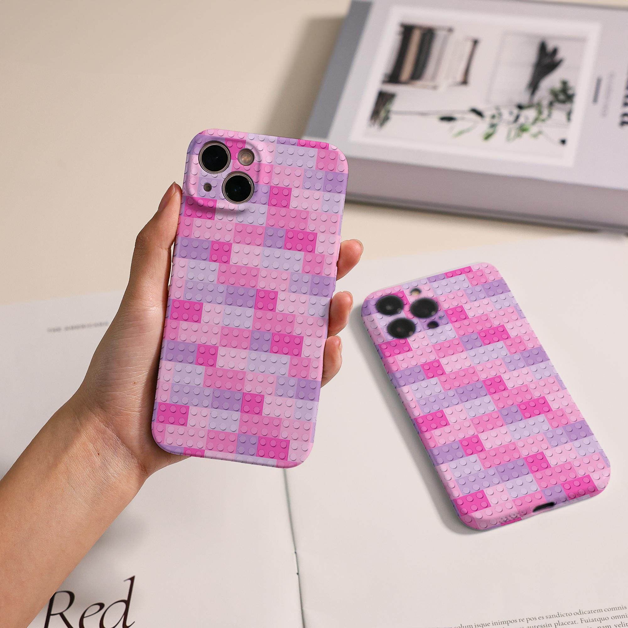ローズレッドブロックパターンiPhoneケース、レンズ付きオール