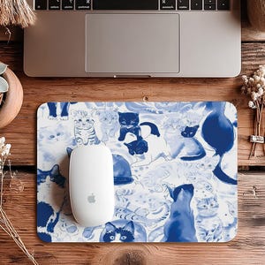 Blaue und weiße Katzen Mauspad, Büro-Mauspad, Laptop-Mauspad, Macbook-Mauspad, Macbook Pro 16/14 Mauspad, Gummi-Mauspad